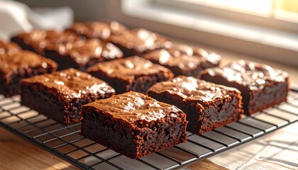 A delicious batch of homemade fudgy chocolate brownies with a glossy crinkly top cooling on a wire rack