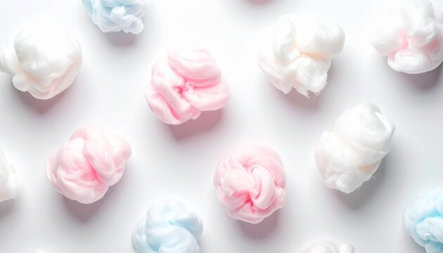 A sweet, airy delight Delicate cotton candy creations in pastel hues on a white canvas - Powered by Adobe