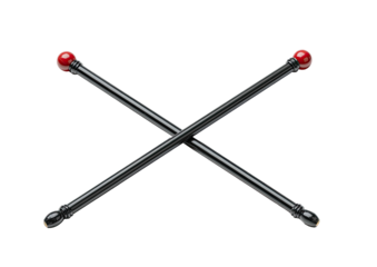 Two crossed black sticks with red round ends