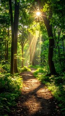 A sunlit forest path with rays of light streaming through the canopy. Green foliage and tall trees frame the path