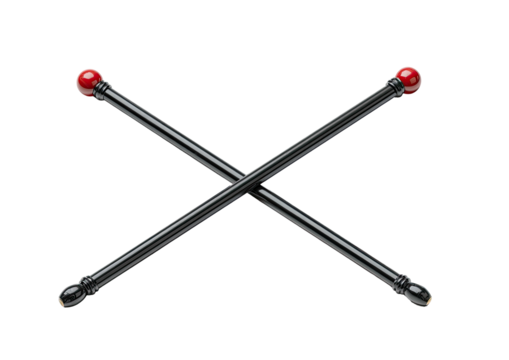 Two crossed black sticks with red round ends