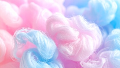 Fototapeta premium Ethereal pastel pink and blue cotton candy swirls create a dreamy, soft background texture, evoking a sense of sweet confectionery lightness