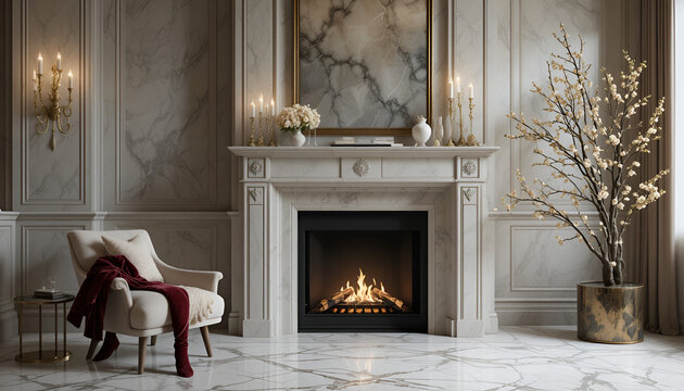 Elegant fireplace with burning logs in a luxurious living room with marble walls and a comfortable chair - Powered by Adobe