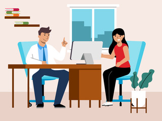 The patient and doctor are having a meeting and consultation. Hospital vector illustration. Flat illustration concept.	