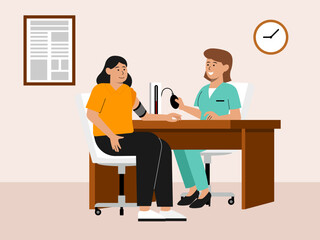 Woman doctor measures the blood pressure patient. Hospital vector illustration. Flat illustration concept.	