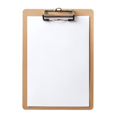 Blank clipboard with white paper and metal clip isolated on transparent background