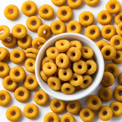 Fried and Spicy Mini Ring Snacks or Fryums (Snacks Pellets) is a very popular Gujarati snack, white bowl on white background, pouch packing common street snack from India. selective focus - Image