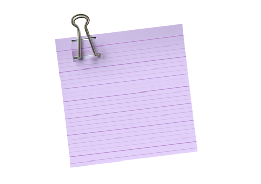 Lilac, lined note paper clipped by metal binder clip