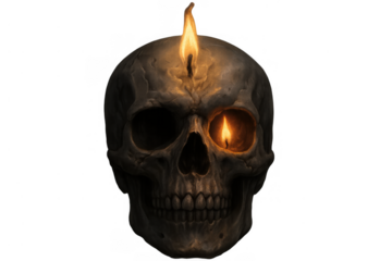 Glowing skull with candle flames burning on top and inside eye socket, symbolizing death, darkness, and mystery
