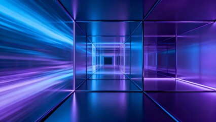 Abstract futuristic corridor with glowing blue and purple neon lights creating a tunnel effect