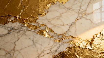 Golden leaf accents on a marble surface with natural veining patterns