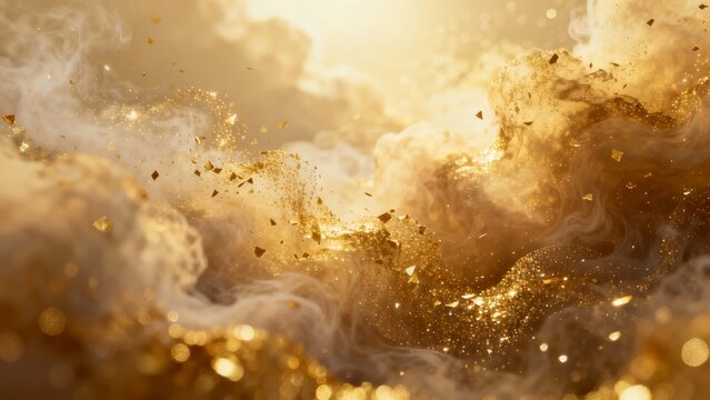 Golden particles swirling in a cloud of mist with radiant light - Powered by Adobe