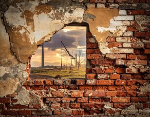 Damaged Brick Wall with Sunset View