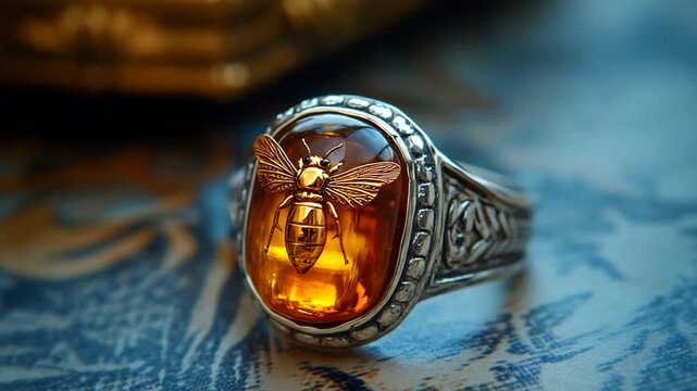 Intricate Silver Ring with Amber Bee Design