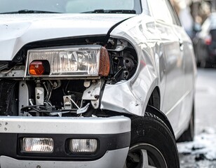 Damaged Silver Car with Broken Headlight on Street After Accident