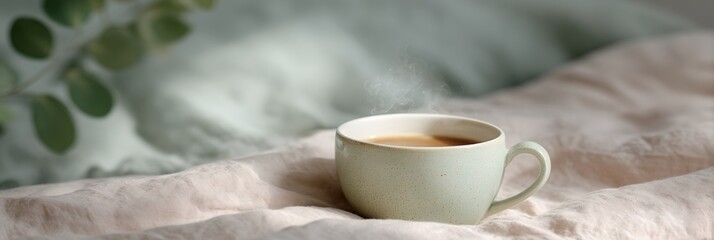 White coffee cup with steam coming out of it sits on a bed