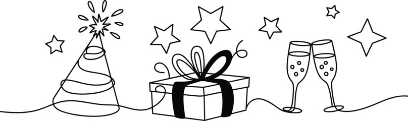 Party Elements: Hat, Gift, and Champagne Glasses celebration birthday