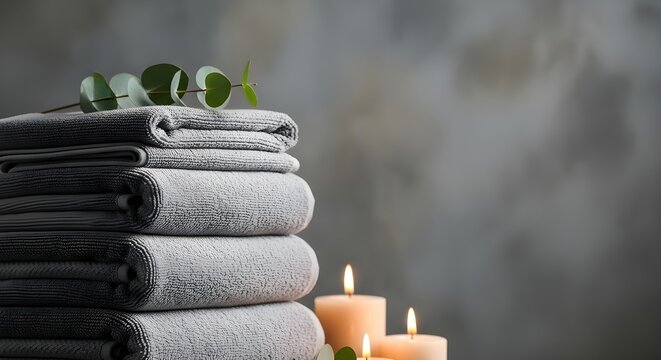 Soft gray spa towels neatly stacked with flickering candles and eucalyptus leaves creating a serene and calming atmosphere for relaxation