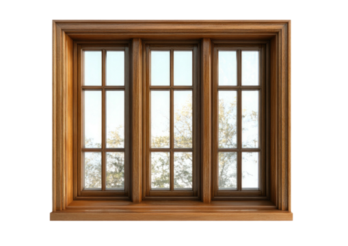 Wooden window frame with three panes, trees seen outside