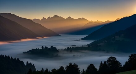 Fototapeta premium Sunrise over a misty mountain valley, where golden sunbeams pierce through towering peaks, creating a dramatic chiaroscuro effect on the illuminated slopes below