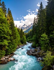 A vibrant river winds through a verdant forest, with snow-capped mountains peaking in the distance under a bright blue sky