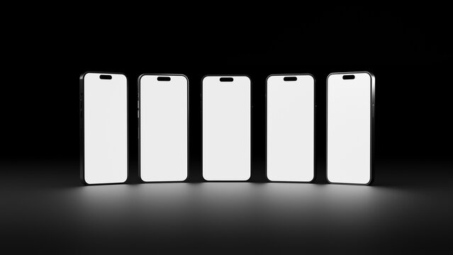 Five phone for mockup displayed in a curve forming on black background. View of a mobile phones with empty screen ready for place your designs. Ready for mock up.
