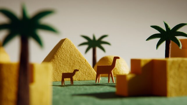 Desert scene with a camel and a goat