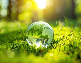 Crystal Globe Resting on Vibrant Green Moss with Soft Bokeh Background and Golden Sunlight Promoting Environmental Awareness and Sustainability