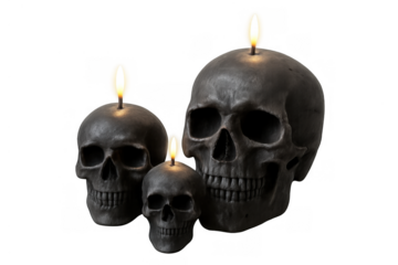 Spooky skull candles burning flames symbolizing halloween, occult, gothic, and death on transparent background