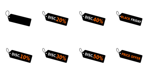 Black Discount Price Tag Icon Set for Sale and Promotion Designs