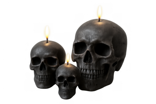 Spooky skull candles burning flames symbolizing halloween, occult, gothic, and death on transparent background