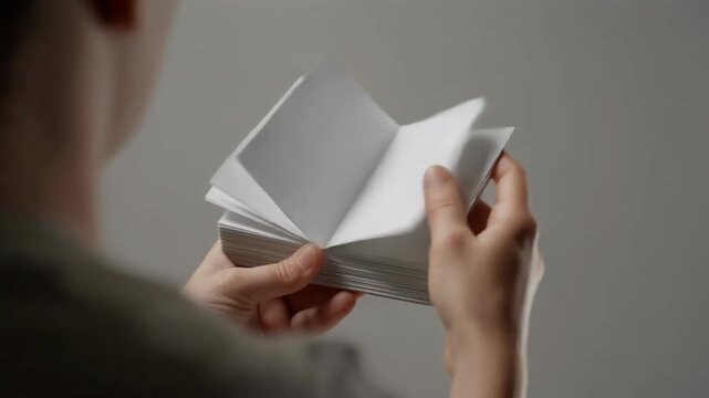 Person's hands flipping through a stack of blank white papers or cards.
