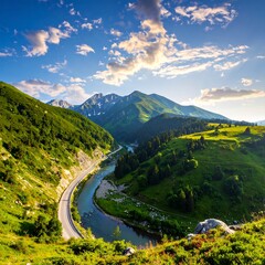 A vibrant scenic view shows a serpentine road and river winding through lush green valleys. Mountain peaks rise under a partly cloudy sky