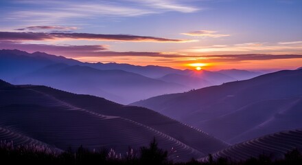 Vibrant sunrise paints a dramatic panorama across layered mountain ranges, with golden light breaking through morning haze and illuminating the tranquil valleys below