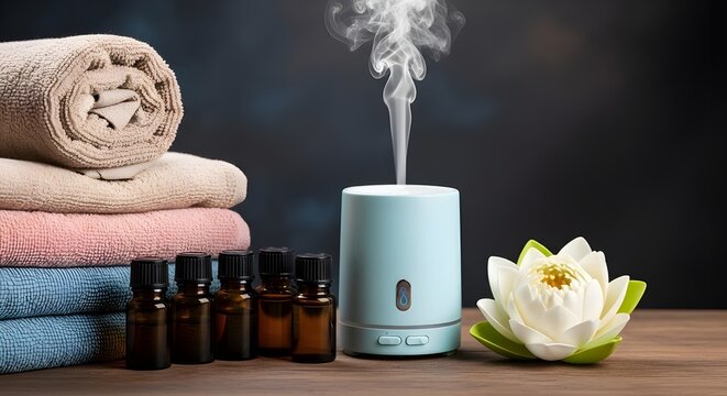 Aromatherapy diffuser with essential oil bottles and fluffy towels creates a serene spa atmosphere for relaxation and wellness