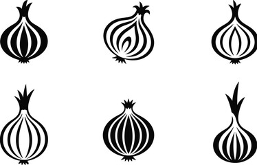 Six stylized black and white onion icons, some whole and some halved vegetable food