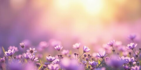 Fototapeta premium Serene Meadow of Delicate Purple Blossoms Bathed in the Warm Glow of a Gentle Sunset
