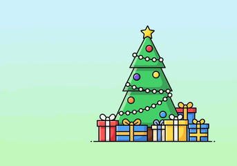 Fototapeta premium A simple illustration of a decorated Christmas tree with colorful presents against a gradient background.