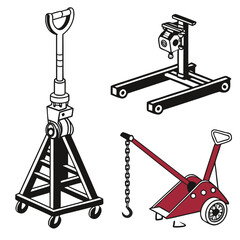 Set of car jacks isolated on for auto repair service