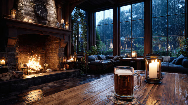 Warm inviting pub interior with fireplace and beer. A cozy pub with a burning fire and candle. Mug of beer and candle on wooden table. Rainy day outside window