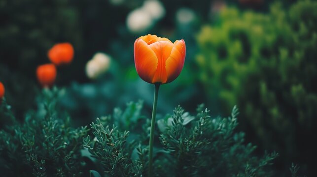 A single vibrant flower surrounded by thorny bushes, other flowers turning away, soft morning light, shallow depth of field f/4.0, natural color palette, serene garden setting --ar 16:9 --v 7.0 --styl