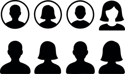 Vector illustration of eight black silhouette figures with various hairstyles and head shapes faces up