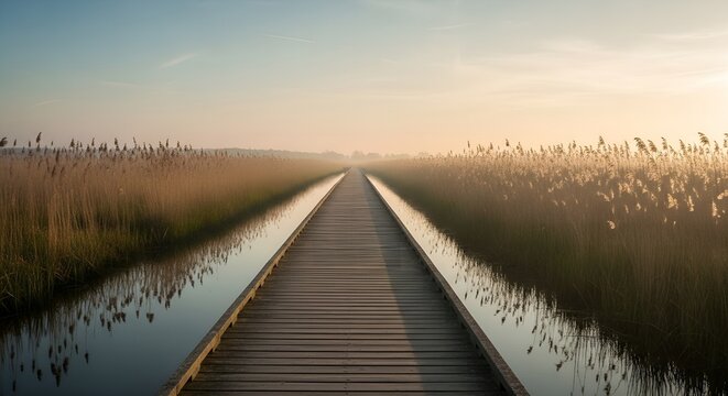 A Wooden Boardwalk Through Reeds at Sunrise, Reflecting in the Water