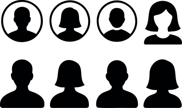 Vector illustration of eight black silhouette figures with various hairstyles and head shapes faces up