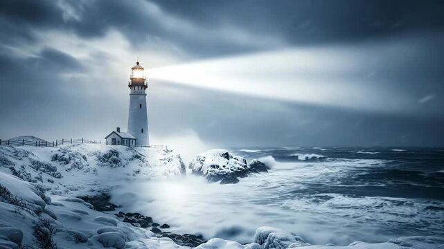 Dramatic lighthouse stands against winter storm, waves crash on rocks