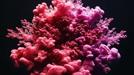A dynamic high-speed capture of a colorful ink cloud with pink and red hues bursting dramatically underwater against a black background - Powered by Adobe