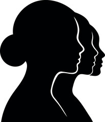 Vector silhouette illustration of three female heads in profile with a bun hairstyle in black and white