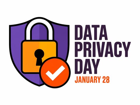 Data privacy day january 28th illustration featuring a padlock shield and checkmark symbol