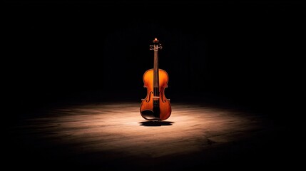 stasis. A single violin on a dark stage under a spotlight, showing wood grain. event programs, museum guides, designed for cultural heritage projects and event programs, supports education.