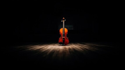 stasis. A single violin on a dark stage under a spotlight, showing wood grain. event programs, museum guides, designed for cultural heritage projects and event programs, supports education.